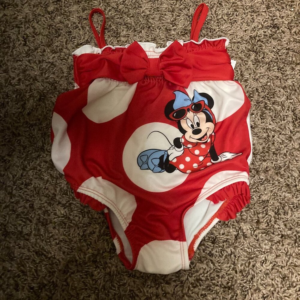 Disney Baby Minnie Mouse Swimsuit 12-18 Months Red and White Polka Dots Bow